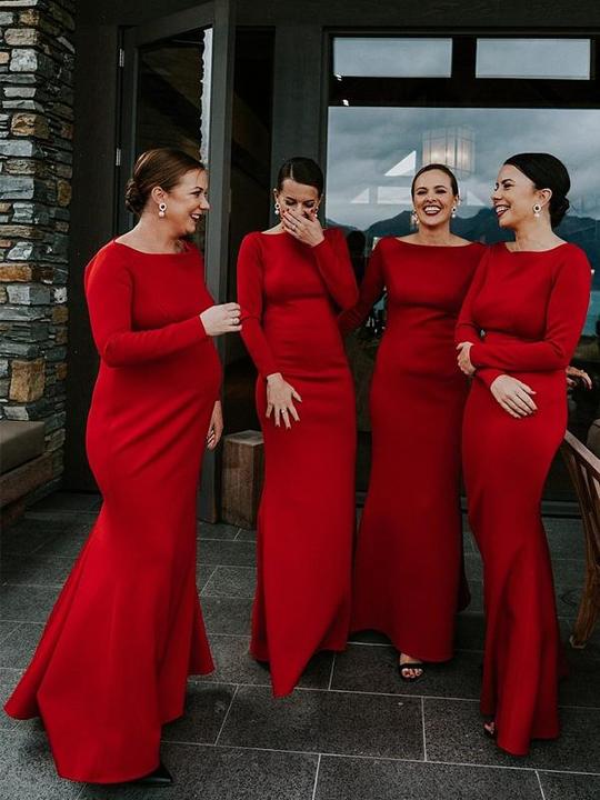 Simple Mermaid Long Red Bridesmaid Dresses with Sleeve
