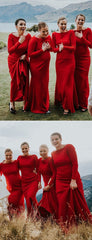Simple Mermaid Long Red Bridesmaid Dresses with Sleeve