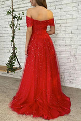 Simple Red Off Shoulder Tulle Long Prom Dress Red Evening Dress TP1130