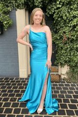 Simple Satin Long Prom Dresses Mermaid One Shoulder Summer Wedding Guest Dress