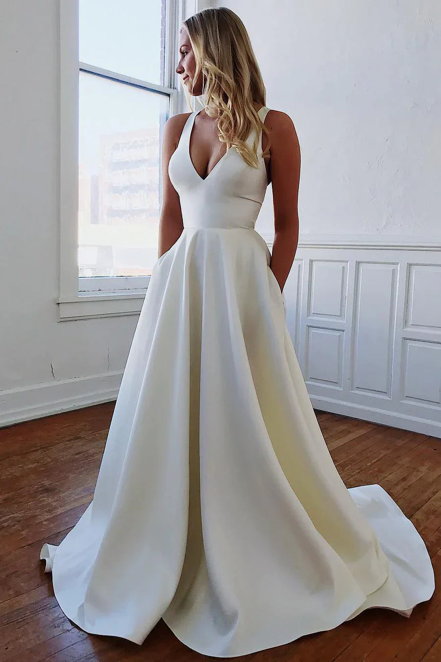 Simple Satin Minimalist Deep V Neck Floor Length Sleeveless Wedding Dresses With Pockets Bow