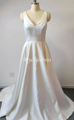 Simple Satin Minimalist Wedding Dresses V Neck Sleeveless with Pockets Bow
