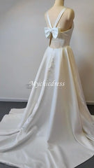 Simple Satin Minimalist Wedding Dresses V Neck Sleeveless with Pockets Bow