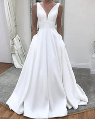 Simple Satin Wedding Dress A Line V neck Sleeveless with Pockets