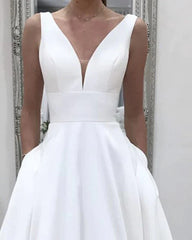 Simple Satin Wedding Dress A Line V neck Sleeveless with Pockets