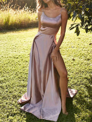 Simple Spaghetti Straps Long Prom Dresses with Slit, Champagne Long Formal Graduation Dresses