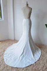 Simple Spaghetti Straps Satin Mermaid Ivory Wedding Dress Bridal Gown TN382