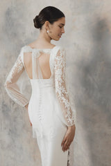Simple Square Neckline Wedding Dress Floral Backless Wedding Dress With Long Sleeves Sheath Elegant Wedding Dress Lace Up