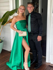 Simple Strapless Green Satin Long Prom Dresses with High Slit, Strapless Green Formal Graduation Evening Dresses