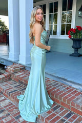 Simple Strapless Mermaid Satin Mint Prom Dress with Slit TP1373