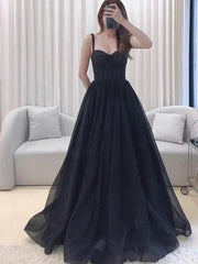 Simple Sweetheart Neck Black Long Prom Dresses, Long Black Formal Graduation Evening Dresses