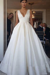 Simple V Neck Ivory Satin Long Prom Dress, Open Back Ivory Formal Evening Dress, Ivory Wedding Dress