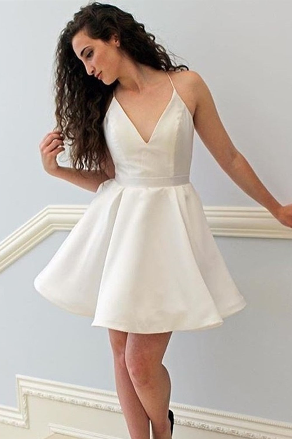 Simple V Neck Ivory Short Prom Homecoming Dresses, Ivory Formal Graduation Evening Dresses A1282