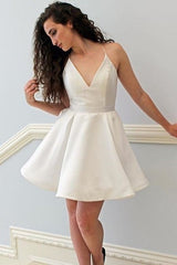 Simple V Neck Ivory Short Prom Homecoming Dresses, Ivory Formal Graduation Evening Dresses