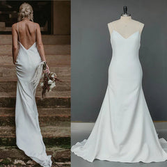 Simple V Neck Spaghetti Straps Mermaid Beach Minimalist Wedding Dresses