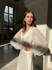 Simple Wedding Dress With Long Sleeve Wedding Dress Deep V Neck Ivory Minimalist Bridesmaids Dress Long Sleeve Maxi Wedding Dress