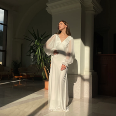 Simple Wedding Dress With Long Sleeve Wedding Dress Deep V Neck Ivory Minimalist Bridesmaids Dress Long Sleeve Maxi Wedding Dress