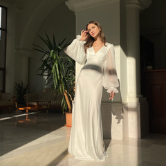 Simple Wedding Dress With Long Sleeve Wedding Dress Deep V Neck Ivory Minimalist Bridesmaids Dress Long Sleeve Maxi Wedding Dress