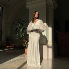 Simple Wedding Dress With Long Sleeve Wedding Dress Deep V Neck Ivory Minimalist Bridesmaids Dress Long Sleeve Maxi Wedding Dress