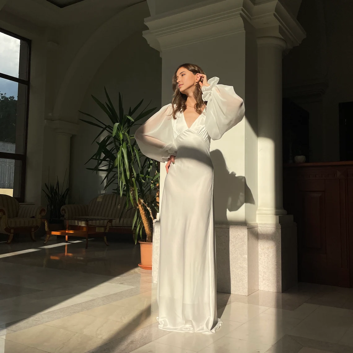 Simple Wedding Dress With Long Sleeve Wedding Dress Deep V Neck Ivory Minimalist Bridesmaids Dress Long Sleeve Maxi Wedding Dress