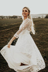 Simple Long Sleeves Lace Backless Wedding Dresses Rustic Bridal Gowns TN277