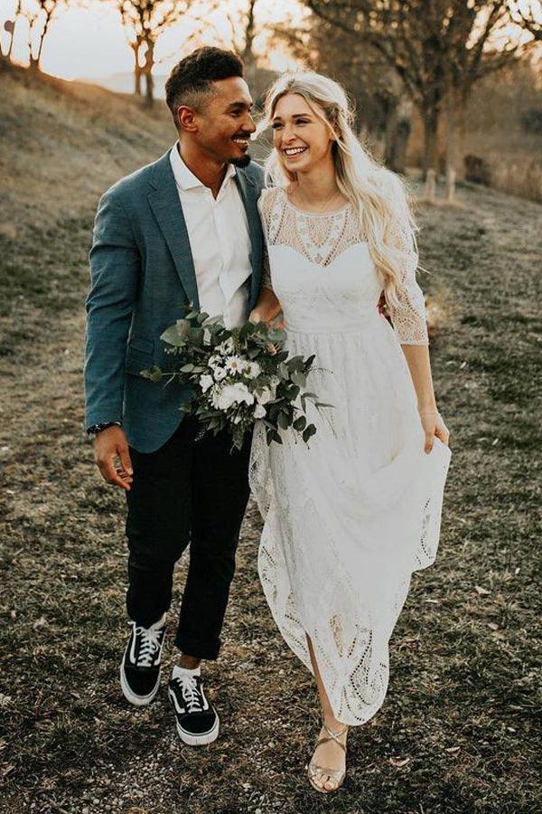 Simple Long Sleeves Lace Backless Wedding Dresses Rustic Bridal Gowns TN277