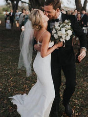 Simple Wedding Dresses Mermaid Spaghetti Straps Long Satin Bridal Gowns TN240