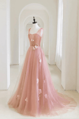 Simple v neck pink tulle long prom dress Pink tulle A line evening dress TP1131