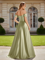 Elegant Off-the-shoulder Pleated Maxi Gown With Slit Dusty Sage