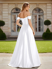 Elegant Off-the-shoulder Pleated Maxi Gown With Slit White