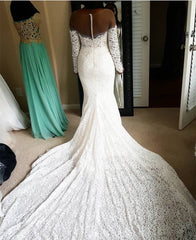 Skin Color Tulle Neck Long Sleeves Lace Mermaid Chapel Train Wedding Dresses