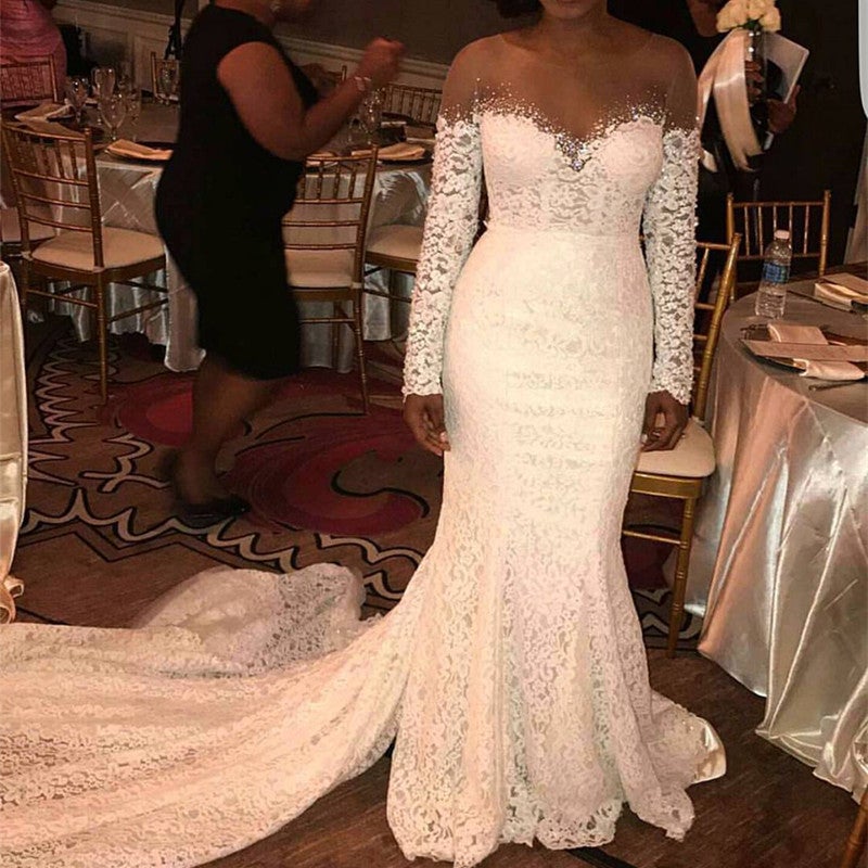 Skin Color Tulle Neck Long Sleeves Lace Mermaid Chapel Train Wedding Dresses
