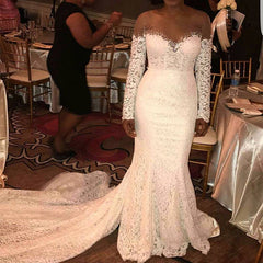 Skin Color Tulle Neck Long Sleeves Lace Mermaid Chapel Train Wedding Dresses