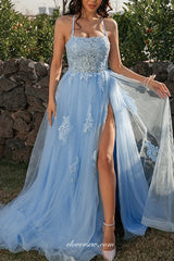 Sky Blue Applique Lace Up Open Back Side Slit Prom Dresses, CP0843