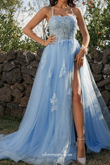 Sky Blue Applique Lace Up Open Back Side Slit Prom Dresses, CP0843