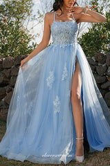 Sky Blue Applique Lace Up Open Back Side Slit Prom Dresses, CP0843