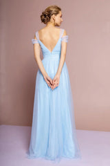 Sky Blue Off Shoulder Flutter Sleeve Low Back Tulle Prom Dresses