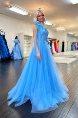 Blue One Shoulder A-Line Tulle Long Prom Dress with Bow