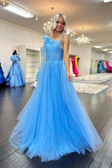 Blue One Shoulder A-Line Tulle Long Prom Dress with Bow