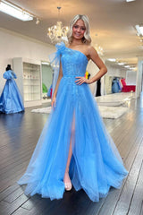 Blue One Shoulder A-Line Tulle Long Prom Dress with Bow