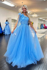 Blue One Shoulder A-Line Tulle Long Prom Dress with Bow