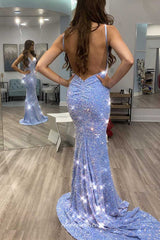 Sky Blue Sequined Backless Mermaid Shiny Prom Dresses, CP0819