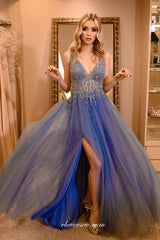 Sky Blue Shiny Bead Tulle Side Slit A-lne Prom Dresses, CP0711
