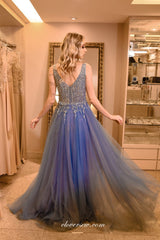 Sky Blue Shiny Bead Tulle Side Slit A-lne Prom Dresses, CP0711