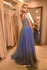 Sky Blue Shiny Bead Tulle Side Slit A-lne Prom Dresses, CP0711