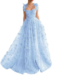 Long Tulle Prom Dress with 3D Butterflies Floor Length Formal Evening