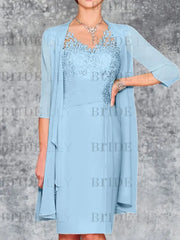 Two Piece Ruffle Chiffon Mother of the Bride Outfit Lace Short Wedding Guest Dress