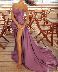 Sleeveless Mermaid Prom Dresses Satin Ruched Leg Split