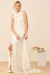 Sleeveless Love Everlasting White Floral Lace Mermaid Backless Wedding Gown With Train