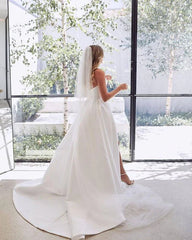 A-Line White Sleeveless Satin Wedding Dress With Side Slit